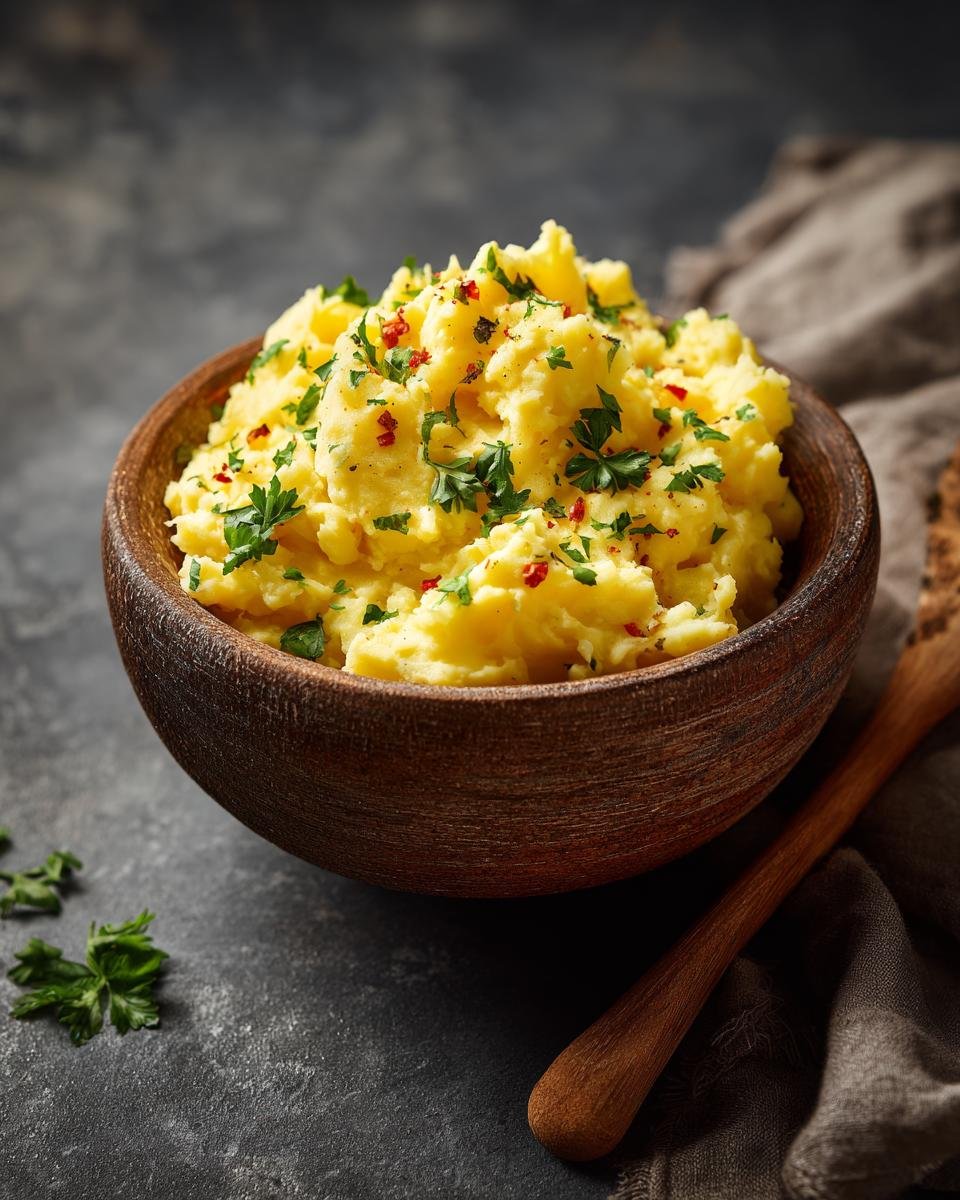 A wooden bowl filled with creamy potato salad, garnished with fresh parsley and red pepper flakes. A potato salad recipe.