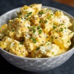 A close-up of a bowl filled with creamy potato salad recipe, garnished with fresh chives and cracked black pepper.