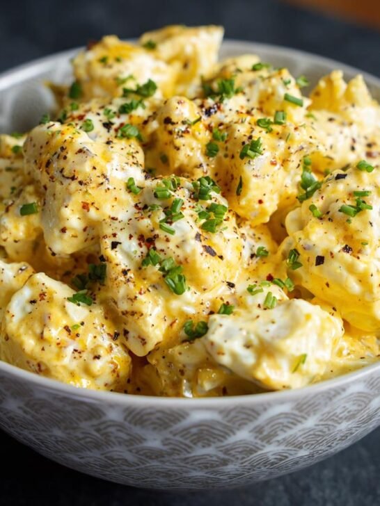A close-up of a bowl filled with creamy potato salad recipe, garnished with fresh chives and cracked black pepper.