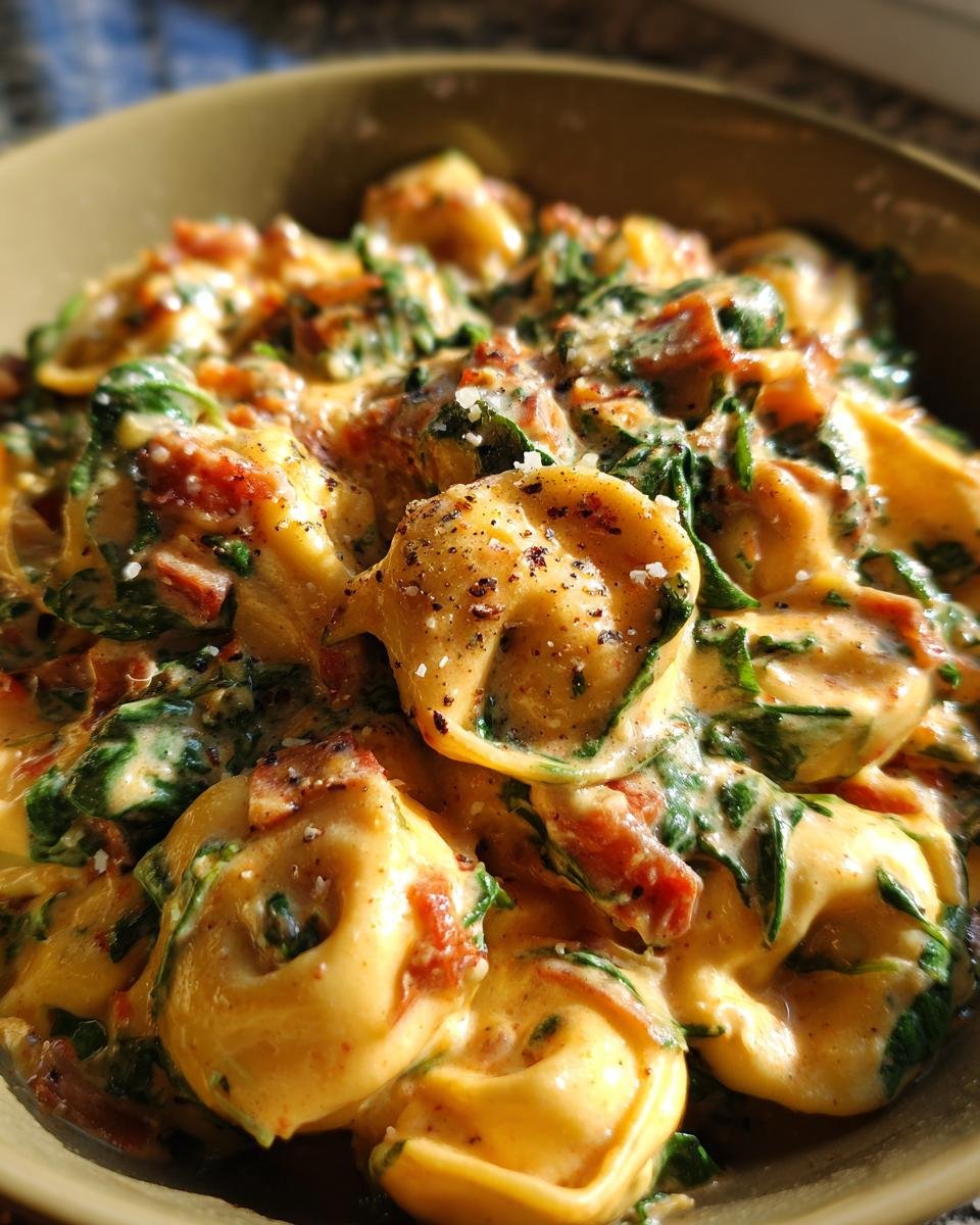 Close-up of Irresistible Creamy Spinach Tomato Tortellini in a bowl, coated in a rich sauce with spinach and sun-dried tomatoes.