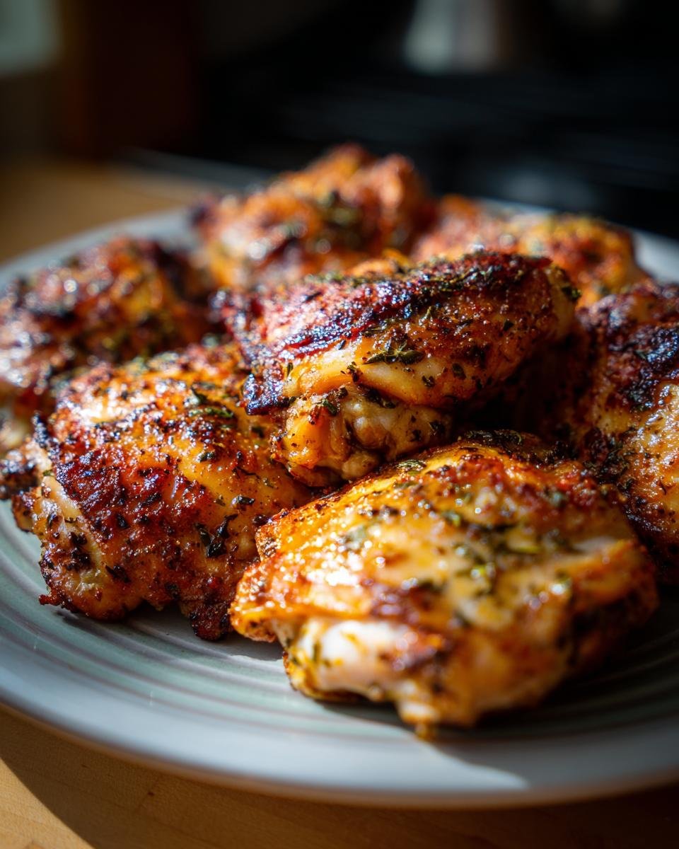 A close-up shot of a plate piled high with crispy, seasoned chicken thighs, showcasing their golden-brown skin and herbs.