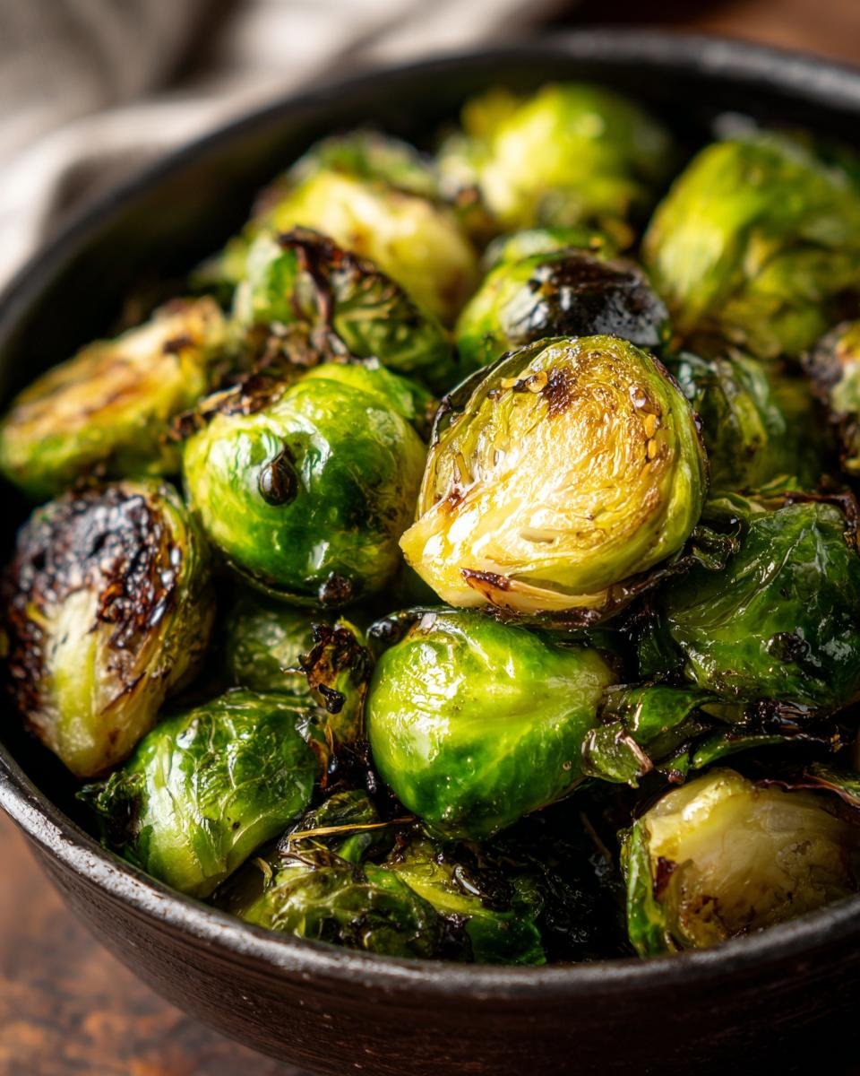 Close-up of a bowl filled with crispy, roasted brussel sprouts, showcasing their vibrant green color and caramelized edges.
