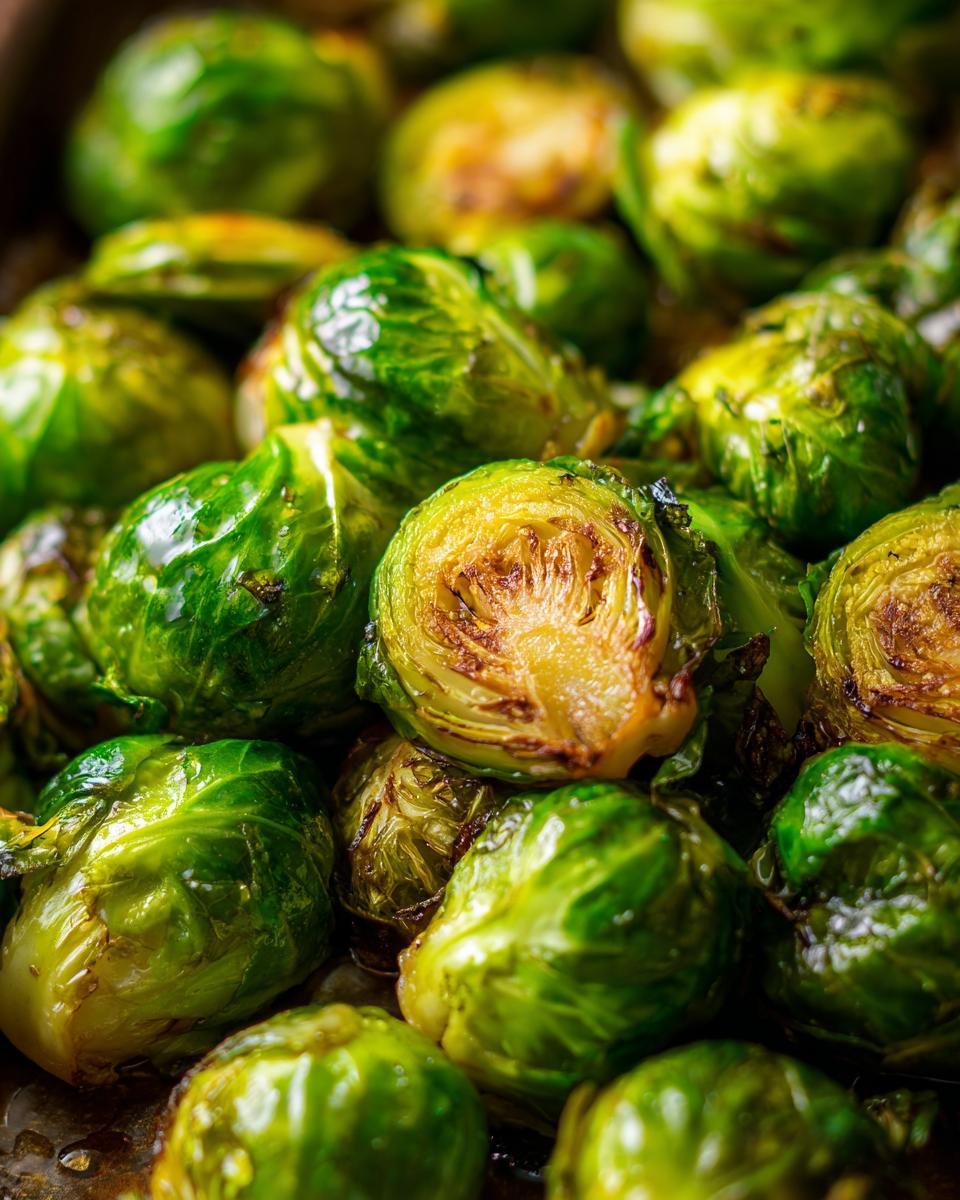 Close-up of perfectly roasted brussel sprouts recipe, showing their crispy edges and tender centers.