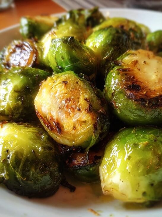 Close-up of a white plate filled with perfectly roasted brussel sprouts, showcasing their crispy edges and vibrant green color.