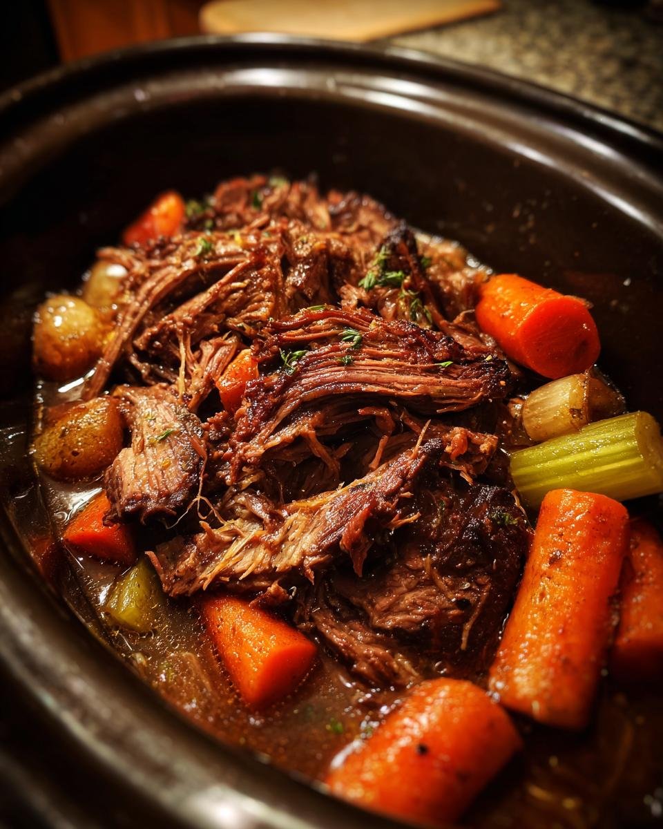Shredded pot roast with carrots and celery in a crock pot, a delicious example of crock pot recipes.