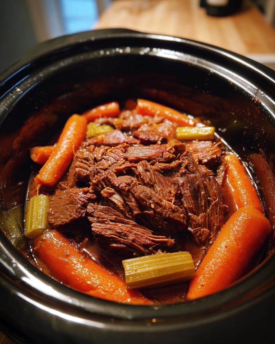 Close-up of a crock pot recipe with tender shredded pot roast, carrots, and celery in a rich broth.