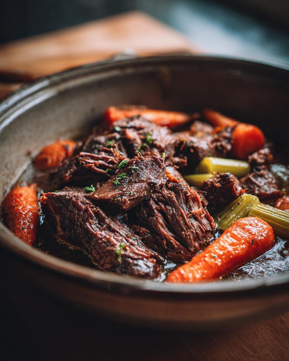 Close-up of tender, shredded beef with carrots and celery in a rich broth, a perfect crock pot recipe.