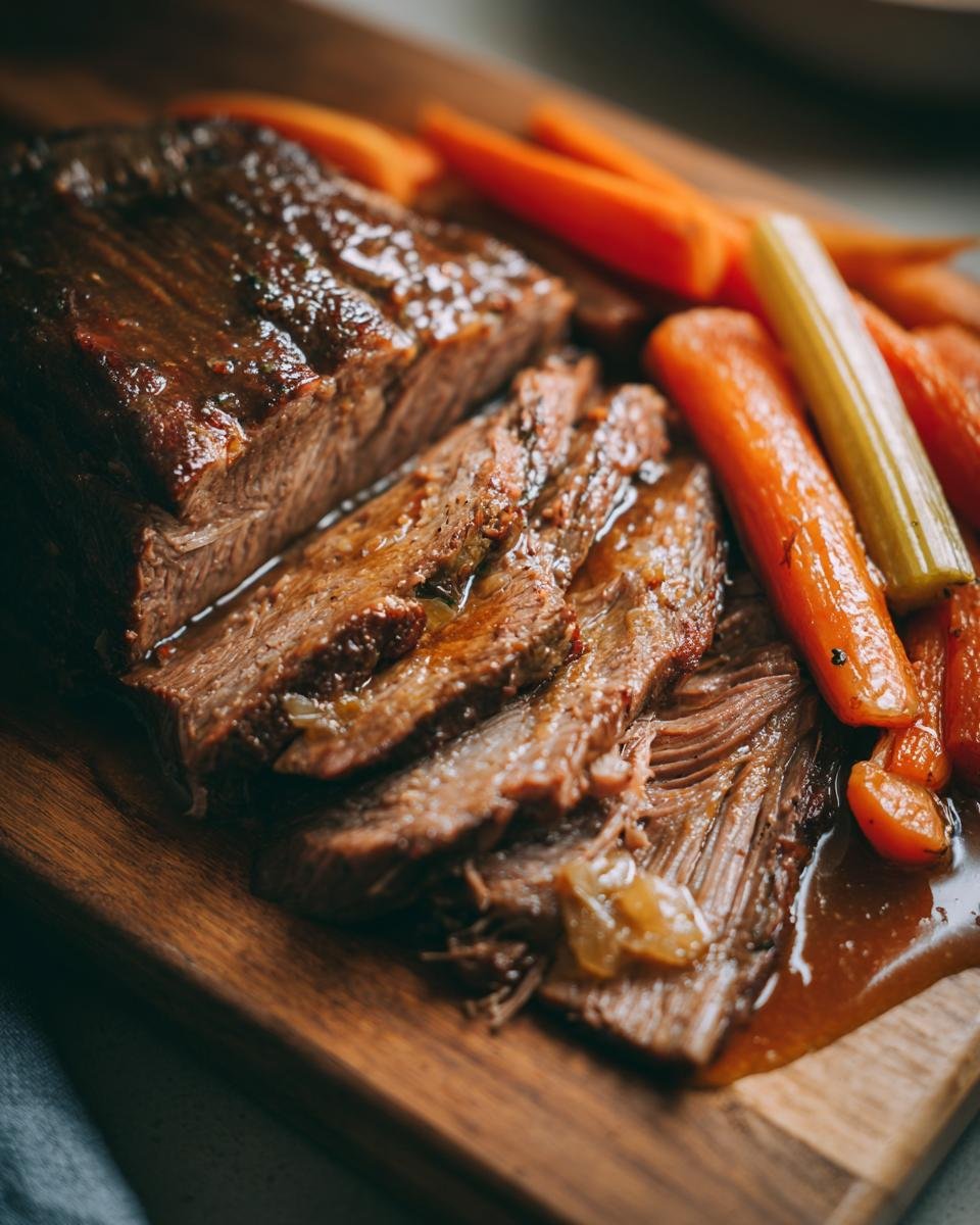Close-up of a sliced crockpot pot roast with tender carrots and celery on a wooden board.