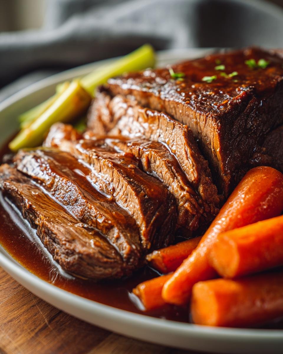 Close-up of a sliced crockpot pot roast with tender meat, glazed with sauce, served with carrots and celery.