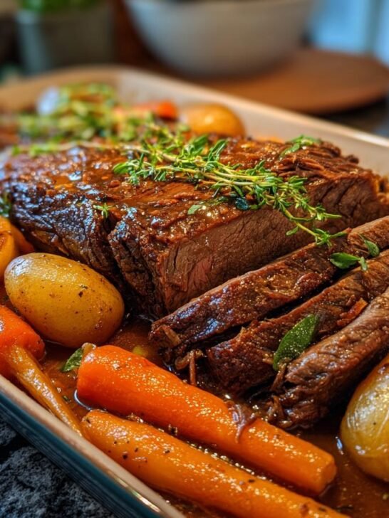A delicious and tender crockpot pot roast, sliced and served with roasted carrots and potatoes in a rich gravy.