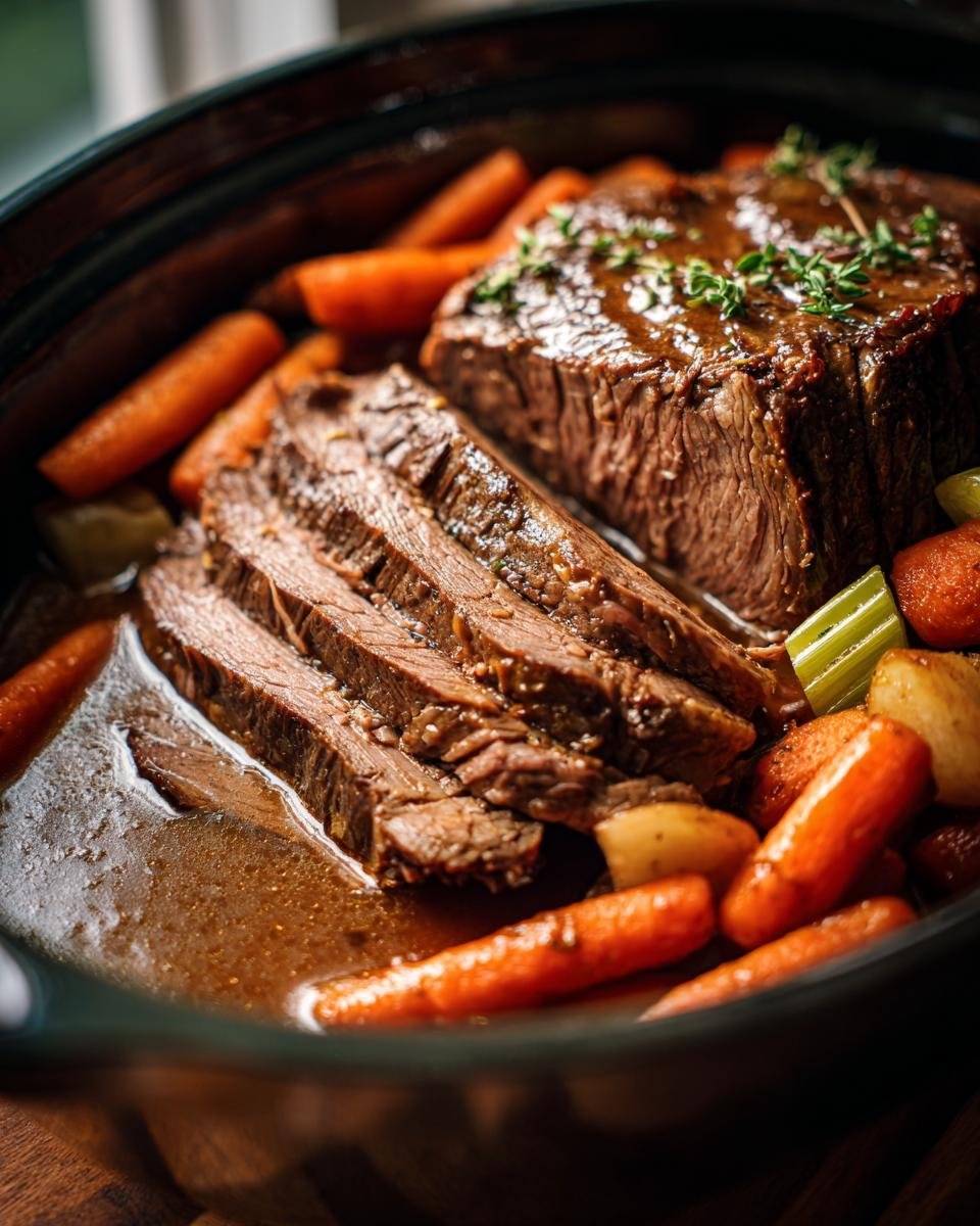 Close-up of a sliced crockpot pot roast with tender carrots and potatoes in rich gravy.