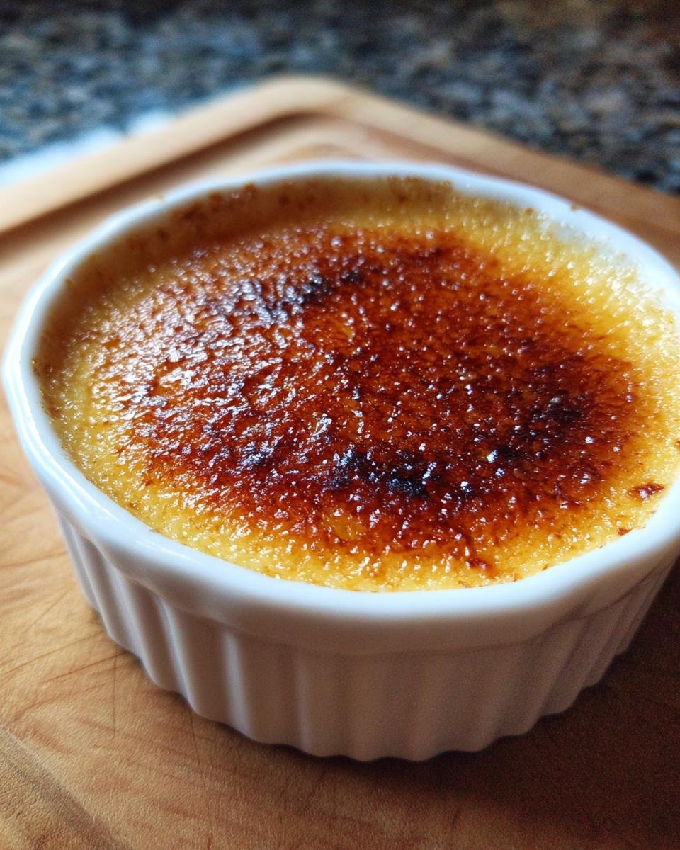 Close-up of a decadent creme brulee with a perfectly caramelized sugar crust, served in a white ramekin.