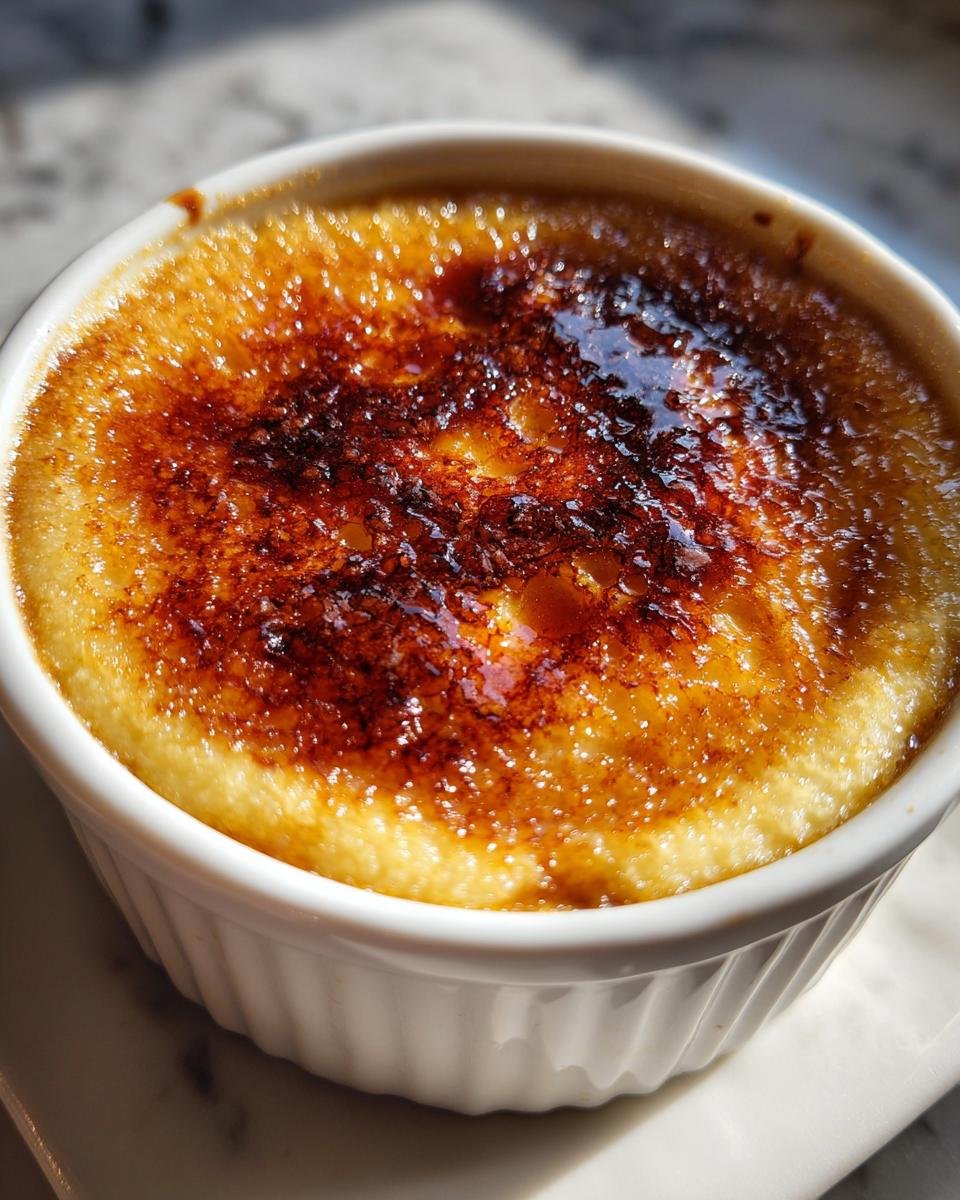Close-up of a perfectly caramelized sugar crust on a Decadent Creme Brulee Recipe.