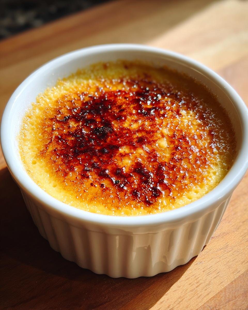 A close-up of a Decadent Creme Brulee Recipe with a perfectly caramelized, torched sugar topping in a white ramekin.