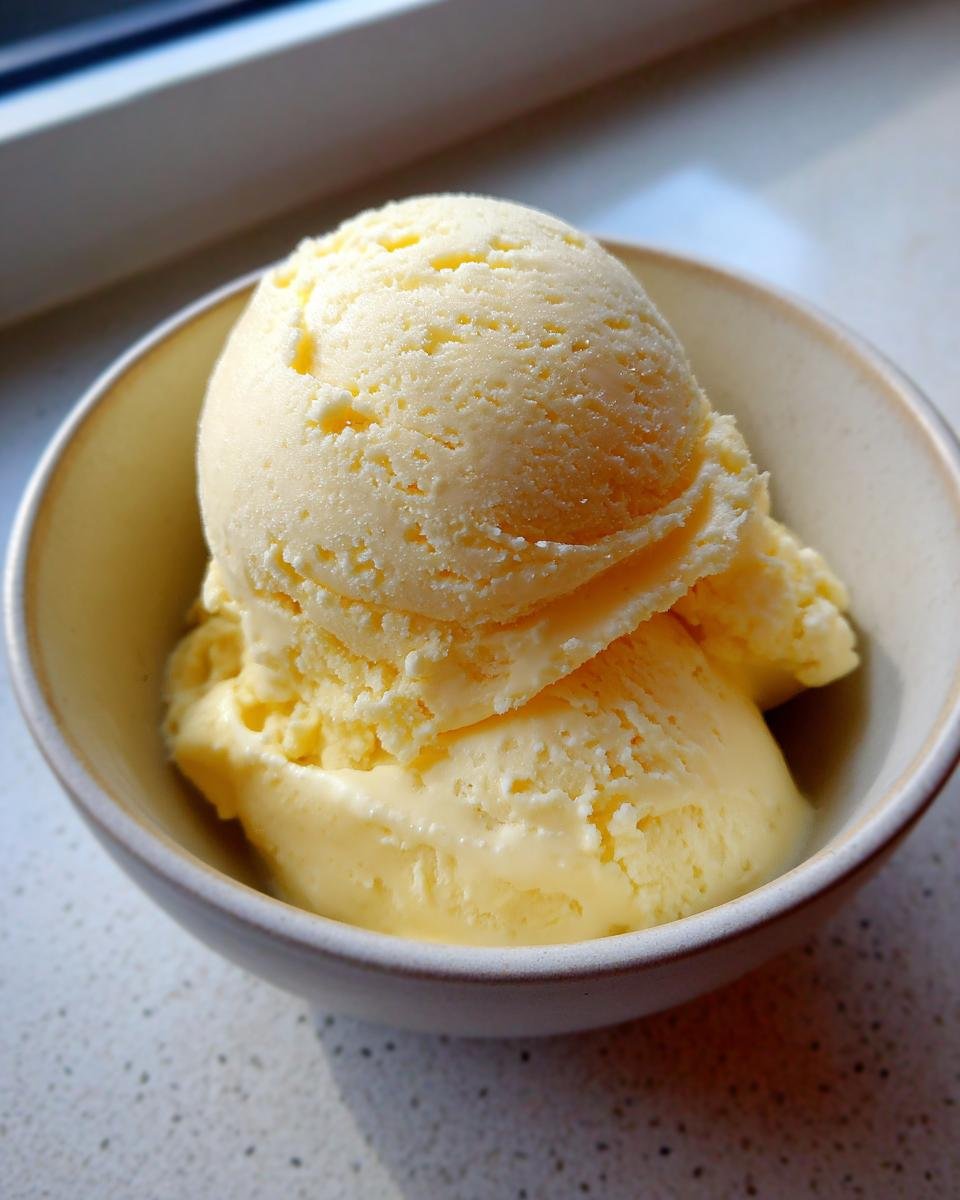 Two scoops of creamy Delightful Frozen Yogurt in a light-colored bowl.