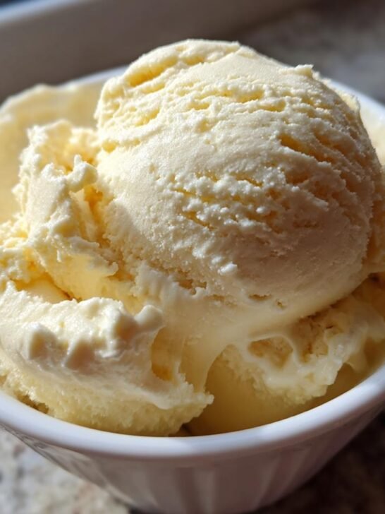 Close-up of a white bowl filled with creamy, pale yellow Delightful Frozen Yogurt.