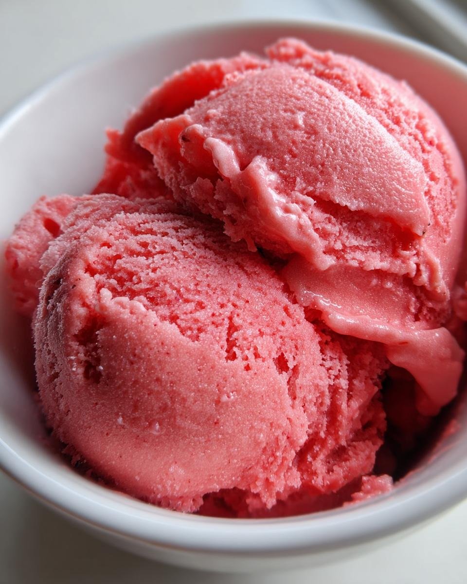 Close-up of scoops of pink strawberry Delightful Frozen Yogurt in a white bowl.