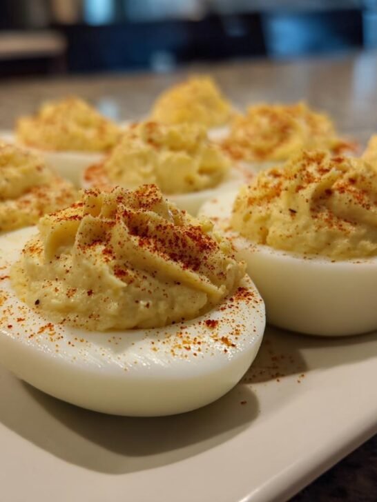 A plate of perfectly prepared deviled eggs, sprinkled with paprika, ready to be enjoyed.