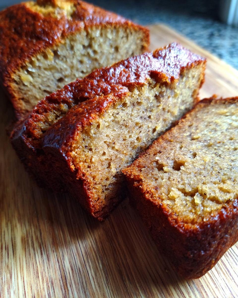 Close-up of moist and delicious banana bread, sliced on a wooden board.
