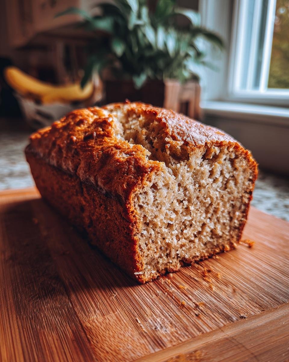A close-up of a moist and delicious banana bread loaf on a wooden cutting board, ready to be sliced.