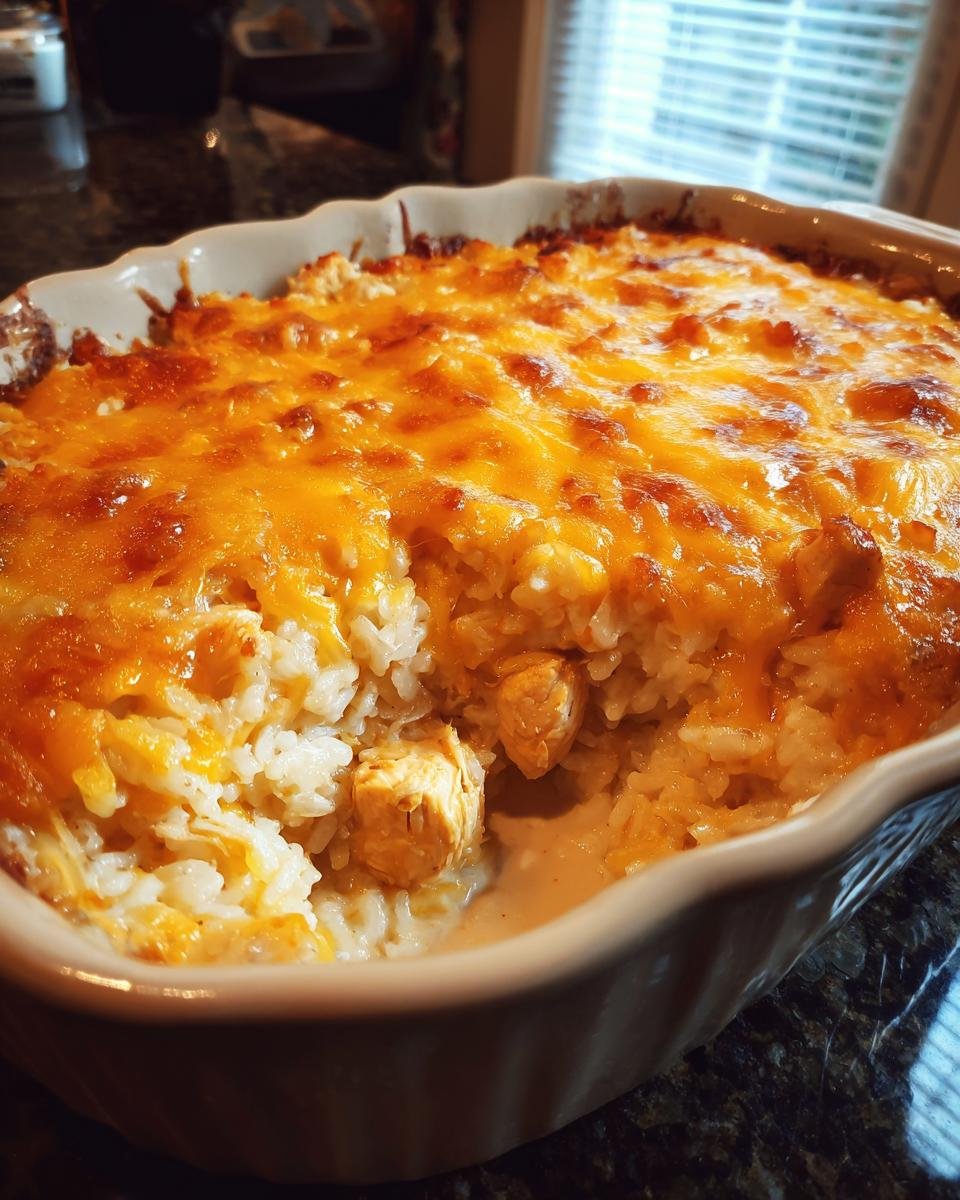 A close-up of a bubbly chicken and rice recipe casserole topped with melted golden cheese.