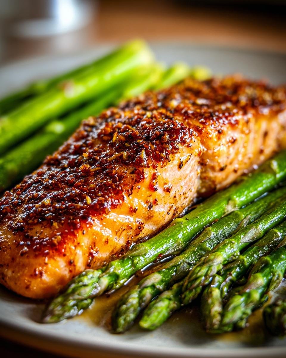 A close-up of a perfectly cooked salmon fillet with a spice rub, served alongside bright green asparagus spears as part of an easy dinner recipe.