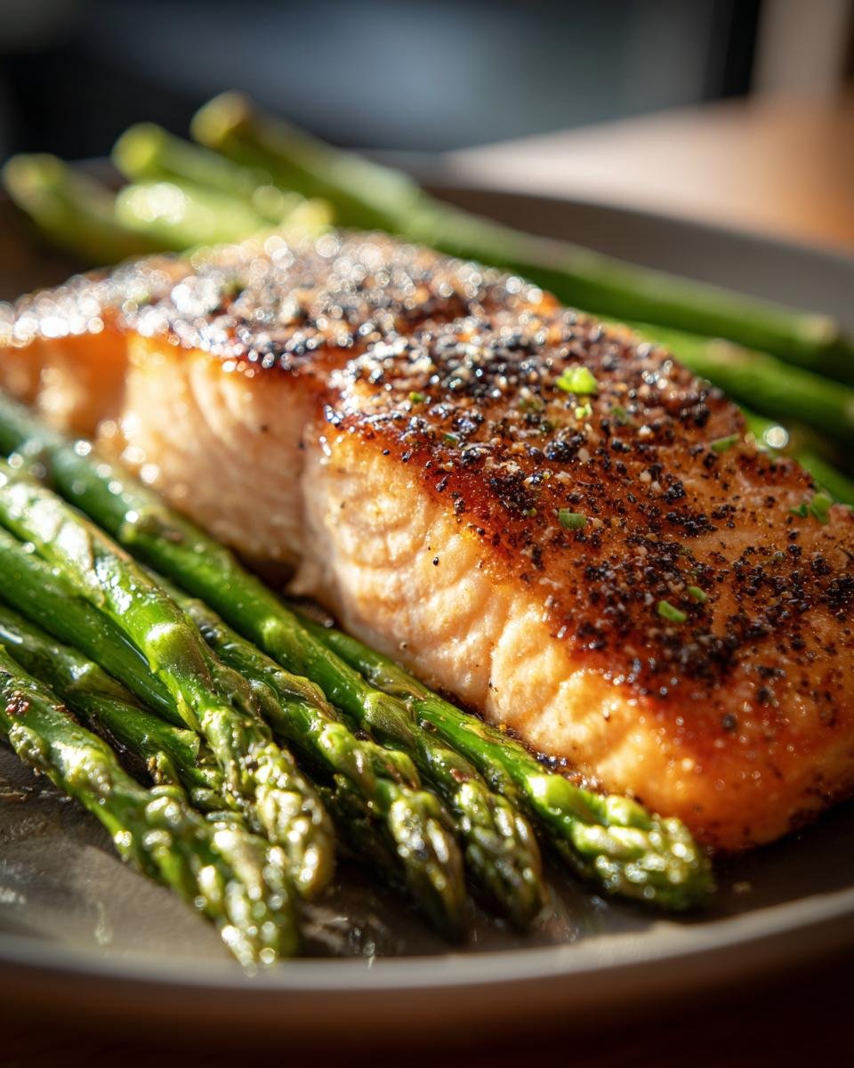 Close-up of a perfectly pan-seared salmon fillet with cracked black pepper, served alongside bright green asparagus spears. An ideal easy dinner recipe.