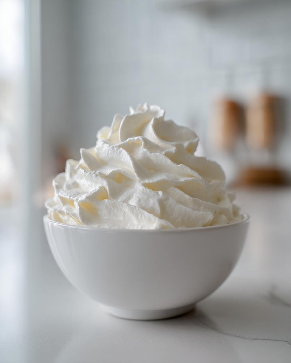 A bowl filled with fluffy, perfectly piped whipped cream, showcasing the texture from an easy whipped cream recipe.