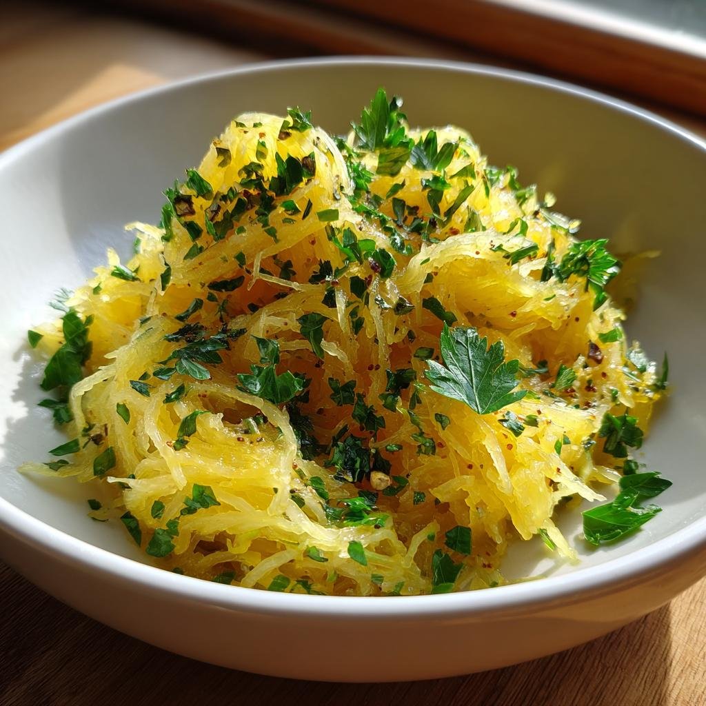 Close-up of fluffy whipped cream recipe topping a bowl of spaghetti squash with fresh parsley.
