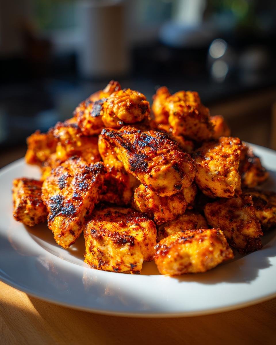 A close-up shot of a pile of Flavorful Cajun Chicken Bites on a white plate, showing grill marks and a spicy seasoning.