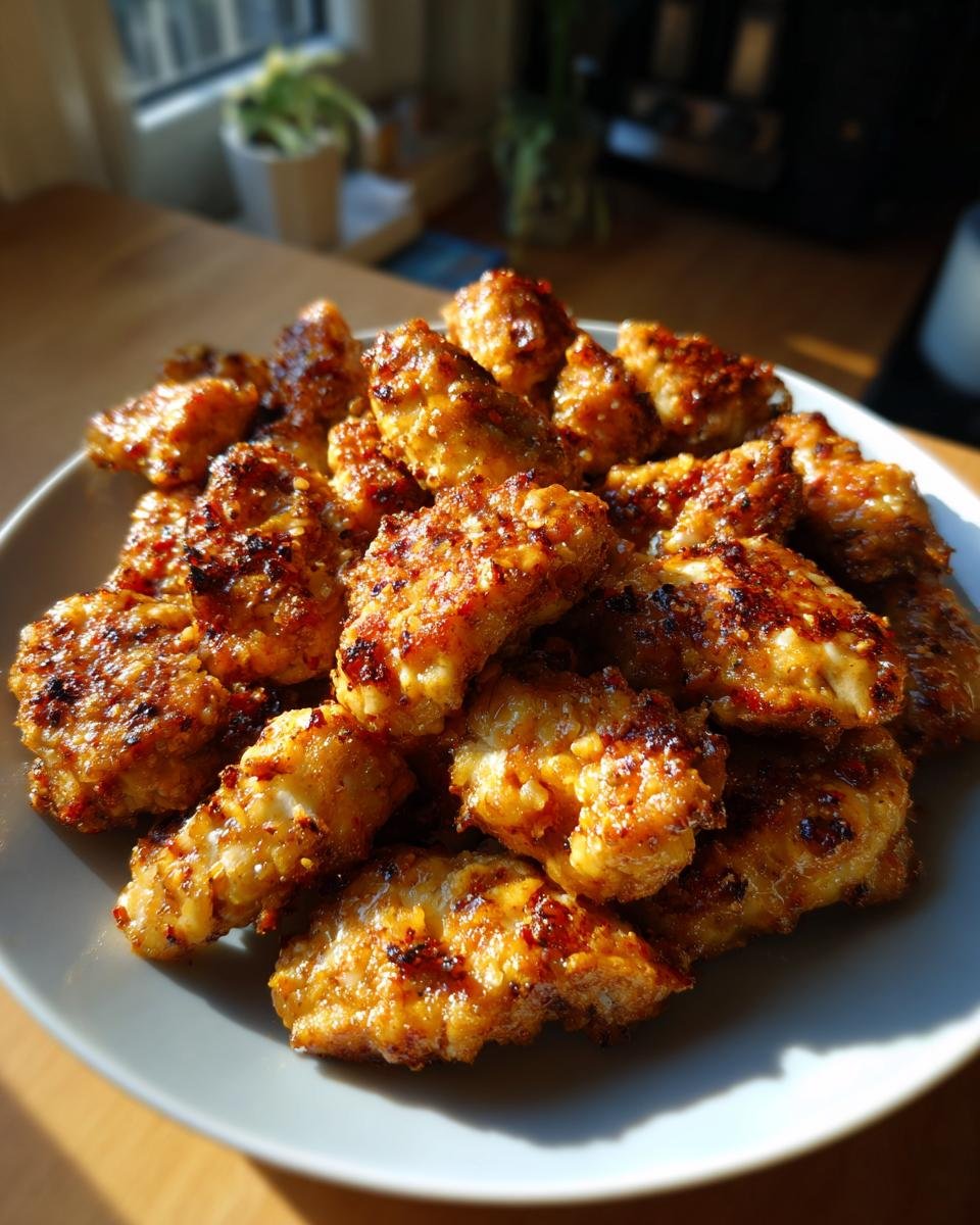 A close-up of a plate piled high with golden-brown, crispy Flavorful Cajun Chicken Bites.