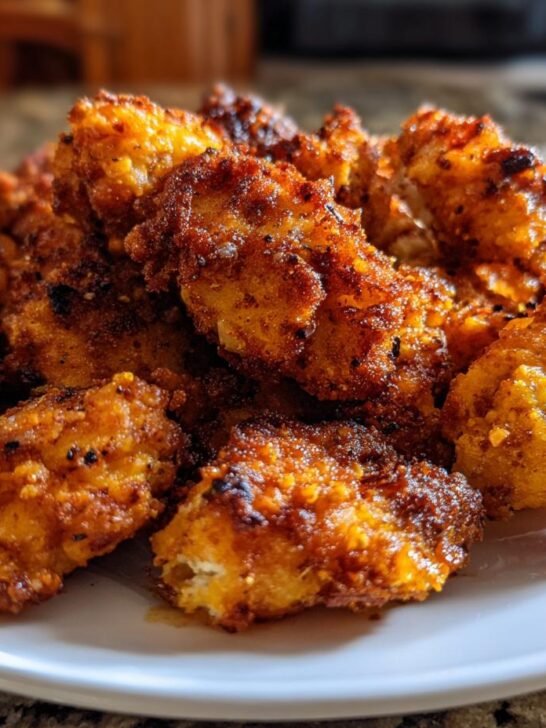 A close-up shot of a pile of golden-brown, crispy Flavorful Cajun Chicken Bites on a white plate.