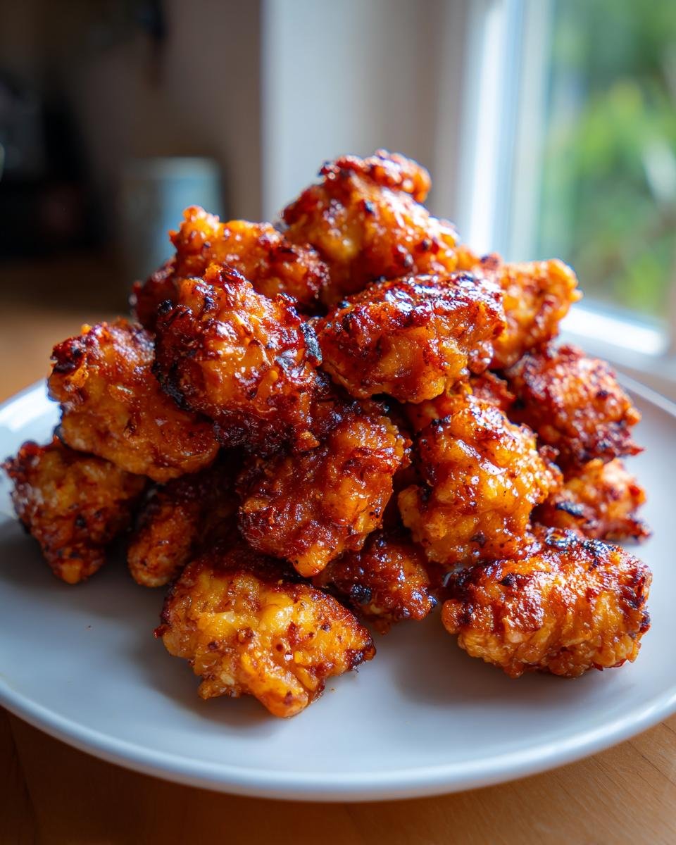 A close-up of a pile of crispy, glazed Flavorful Cajun Chicken Bites on a white plate.
