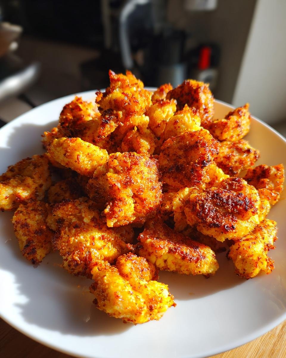 A close-up shot of a white plate filled with golden-brown, crispy Flavorful Cajun Chicken Bites.