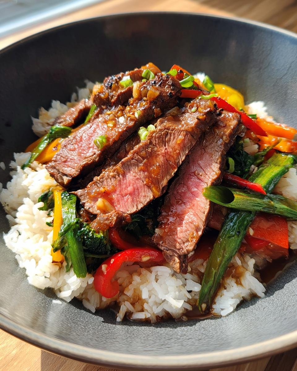 Close-up of a Flavorful Steak Bowl featuring sliced steak, rice, and colorful stir-fried vegetables like bell peppers and broccoli.