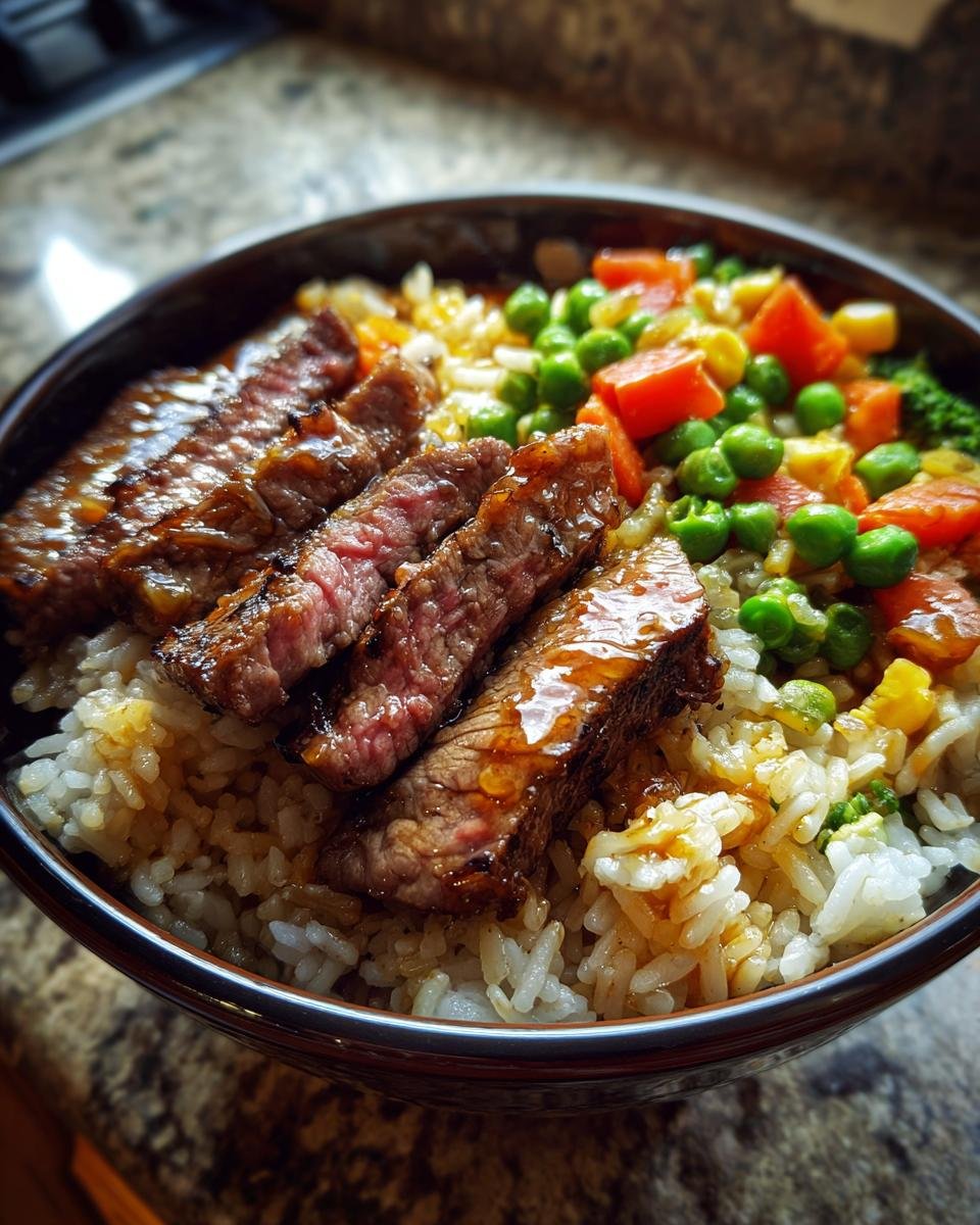 Close-up of a bowl of Flavorful Steak Bowls featuring sliced steak, rice, peas, carrots, and corn.