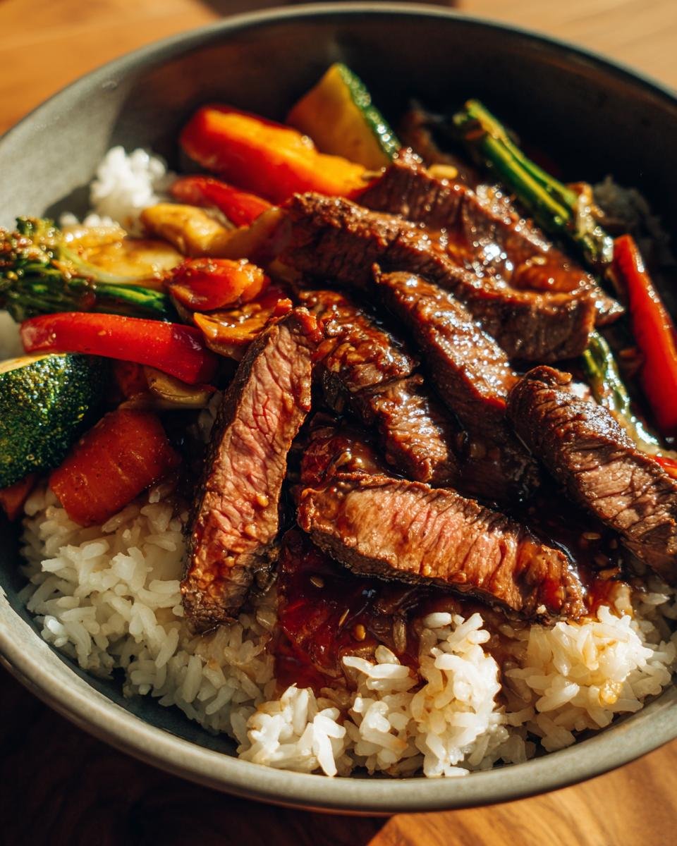 Close-up of flavorful steak bowls with tender sliced steak, vibrant mixed vegetables, and fluffy white rice.