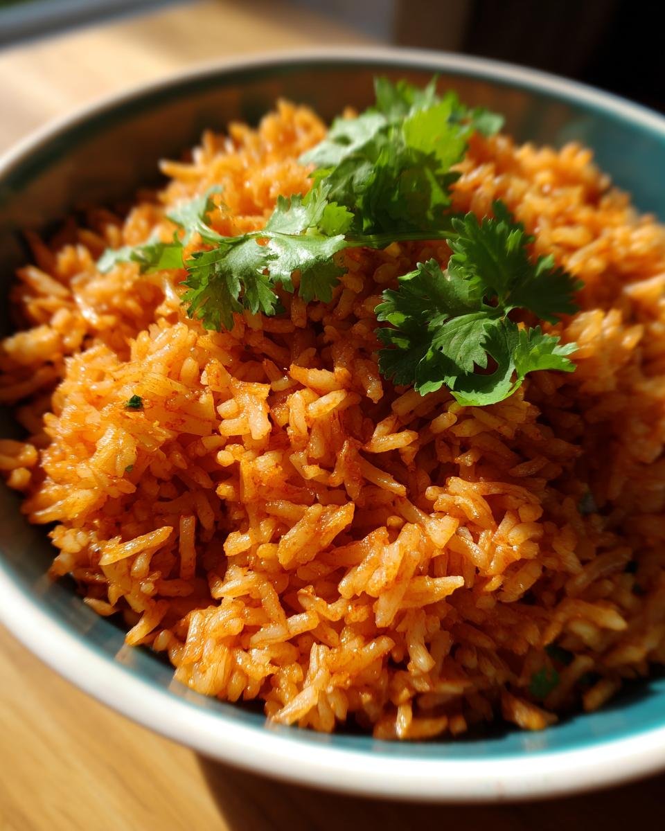 Close-up of a bowl of fluffy Mexican rice recipe, garnished with fresh cilantro.