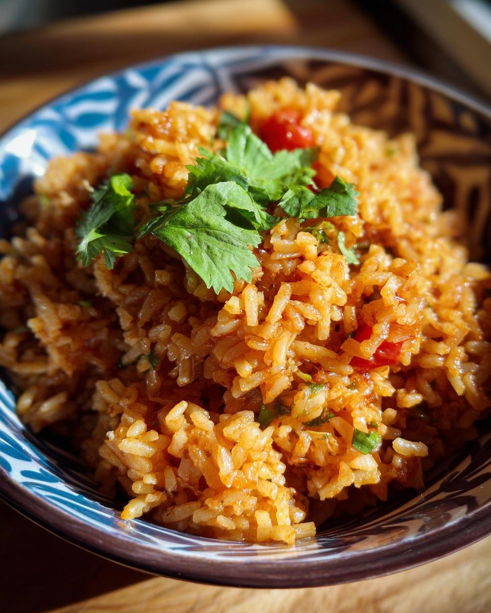 Close-up of fluffy Mexican rice in a decorative bowl, garnished with fresh cilantro and tomato pieces.