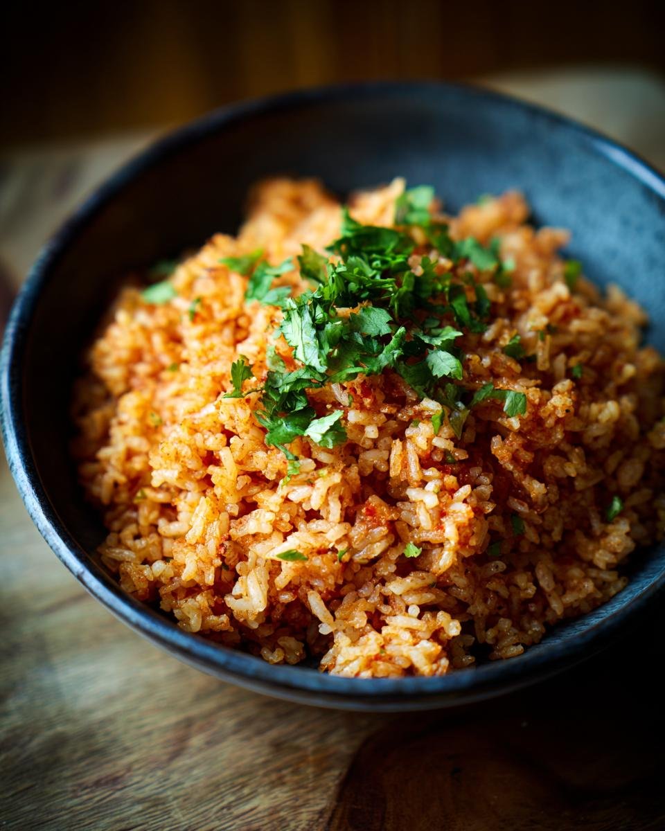 A close-up of a bowl of fluffy Mexican rice recipe, garnished with fresh cilantro.