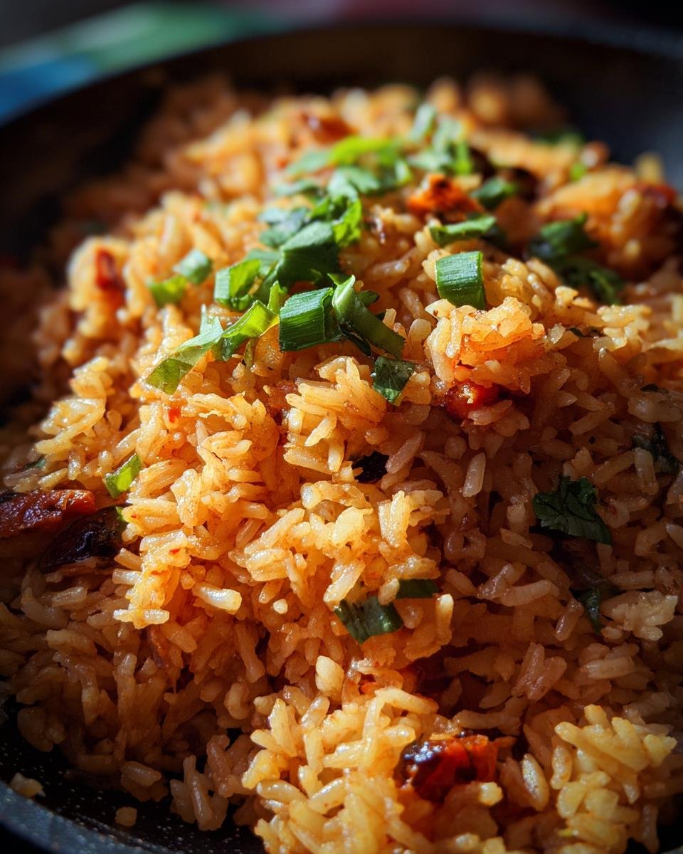 Close-up of fluffy Mexican rice recipe, seasoned and garnished with fresh green onions and cilantro.