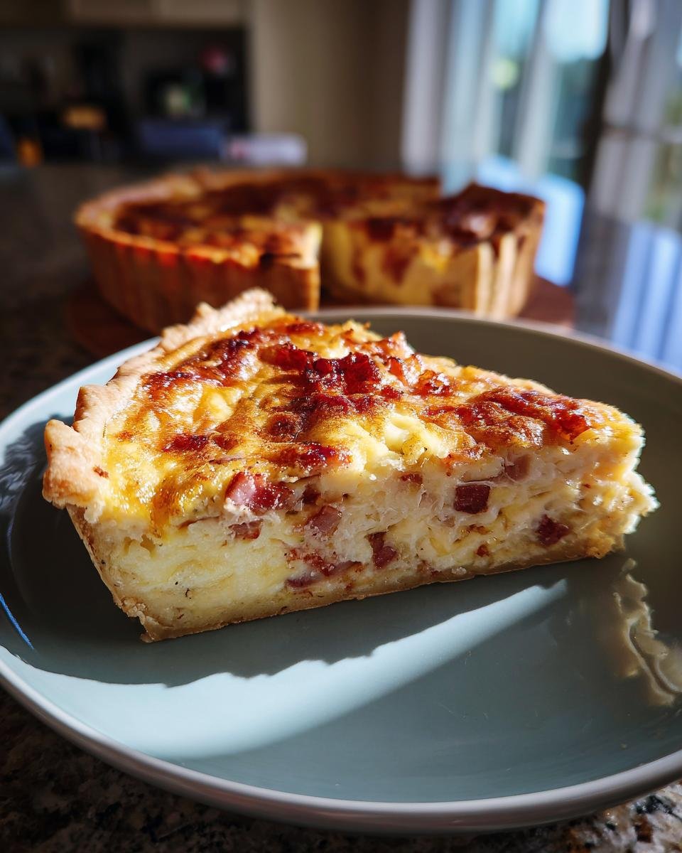 A slice of quiche recipe with a golden crust, filled with creamy egg custard and savory bacon bits.