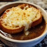 A close-up of a bowl of rich French onion soup topped with a slice of toasted bread covered in melted, golden-brown cheese.