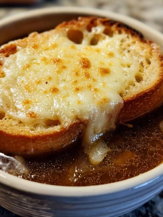 A close-up of a bowl of rich French onion soup topped with a slice of toasted bread covered in melted, golden-brown cheese.