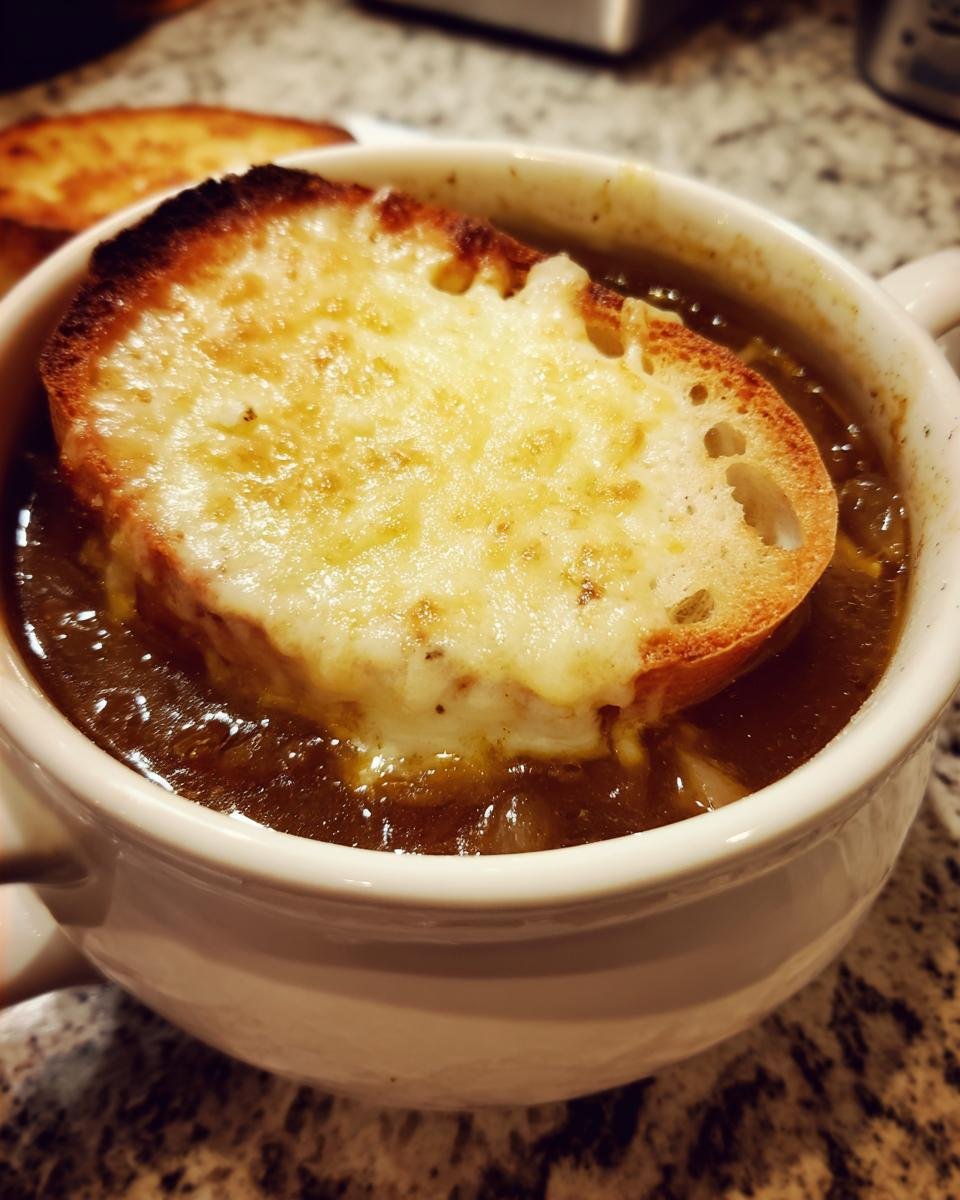 A close-up of a steaming bowl of French onion soup recipe, topped with melted cheese and a toasted bread slice.