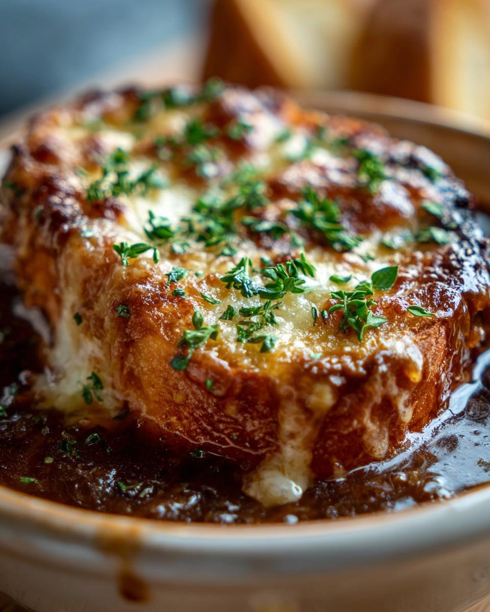 A close-up of a bowl of french onion soup recipe, topped with a golden-brown cheesy crouton and fresh herbs.