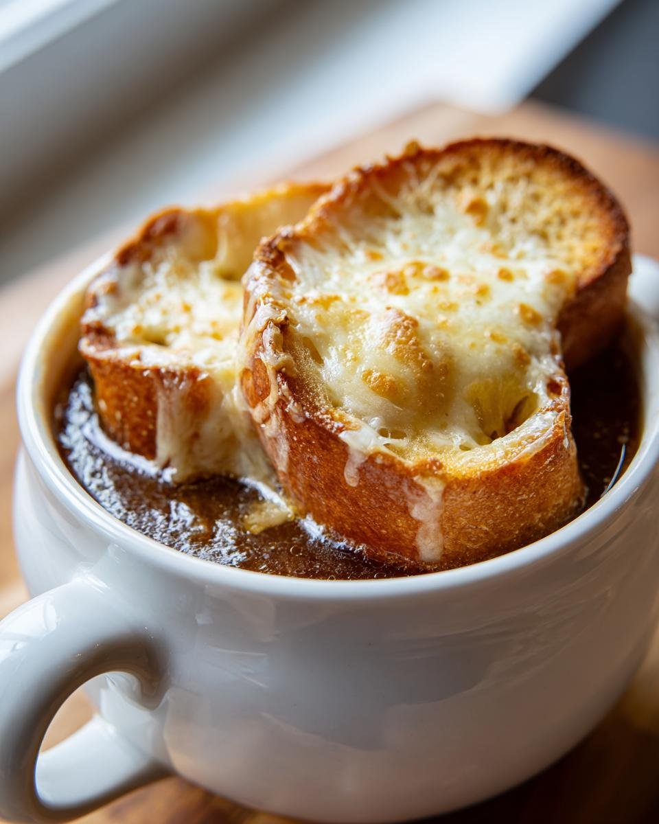 A steaming bowl of classic french onion soup recipe topped with melted cheese and toasted bread.