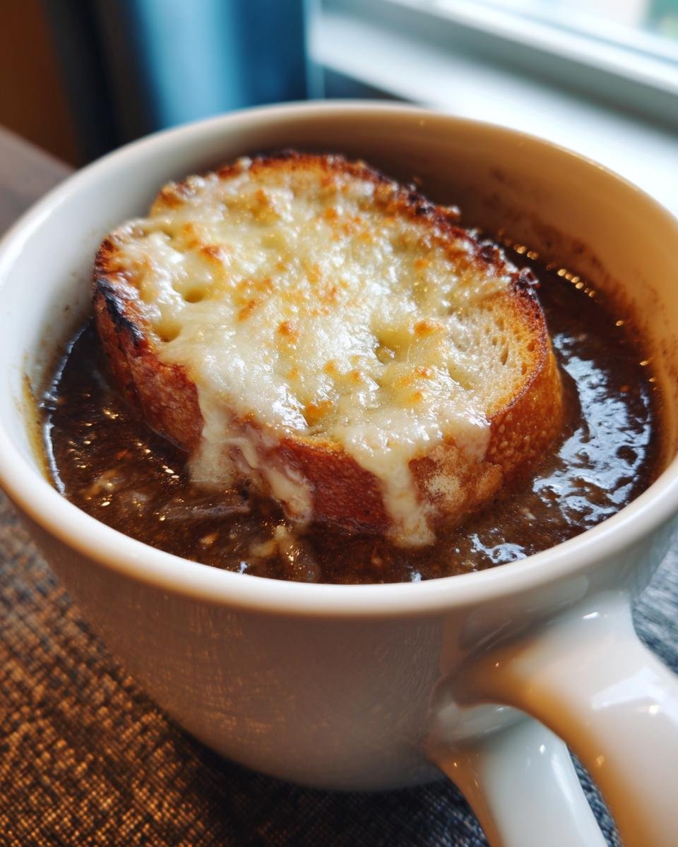 A close-up of a steaming bowl of French onion soup recipe, topped with a slice of toasted bread and melted Gruyere cheese.