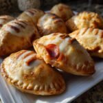 Close-up of golden-brown Game Day Delight Football Pizza Pockets filled with melted cheese and pepperoni.