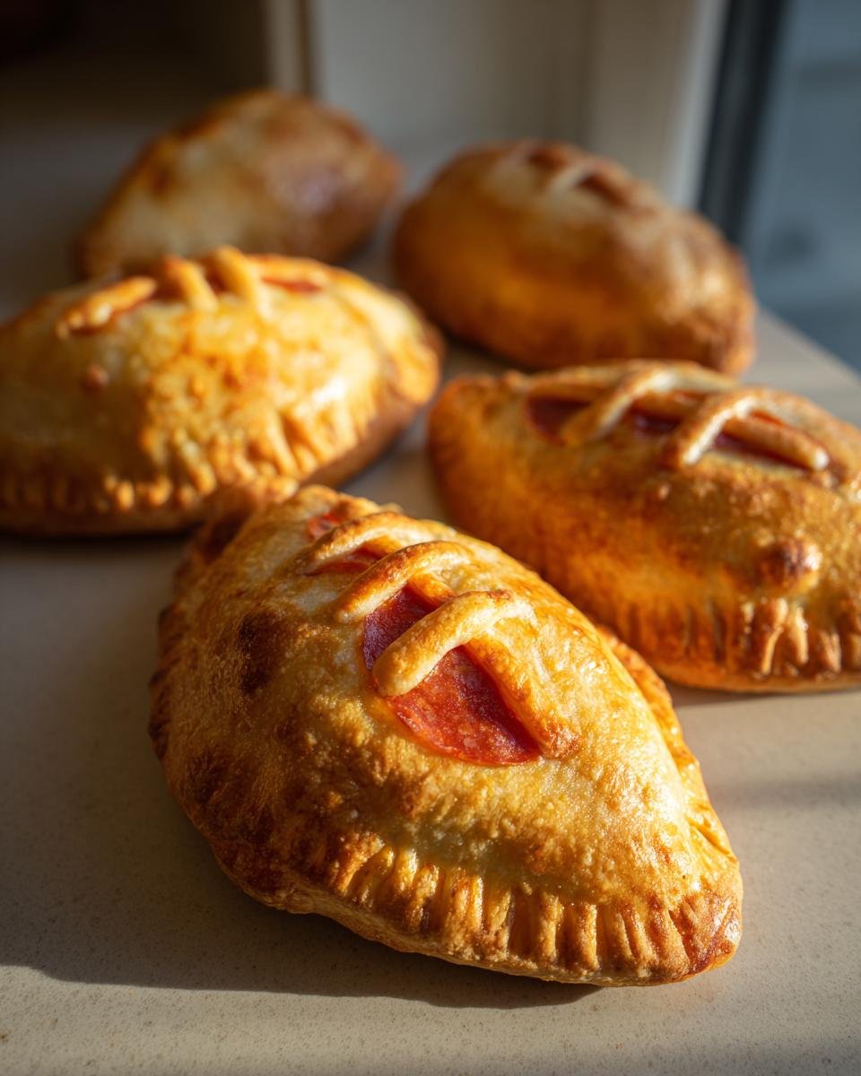 Golden brown, baked Game Day Delight Football Pizza Pockets filled with pepperoni and cheese.